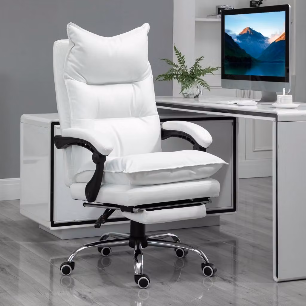 EasyComfort Poltrona da Ufficio Ergonomica in Finta Pelle Bianca con Poggiapiedi, Schienale Reclinabile e Altezza Regolabile – 2