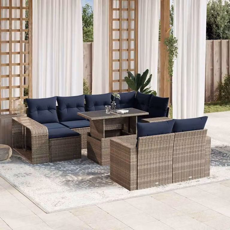 Set di divani da giardino vidaXL 11 pezzi con cuscini in polyrattan e struttura in metallo, colore grigio e blu, design moderno a forma di L per terrazzo e balcone