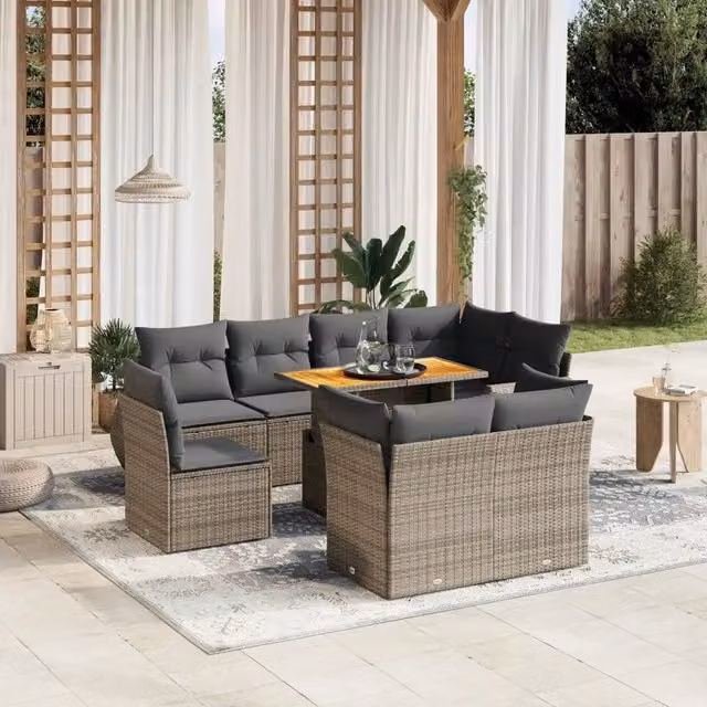 Set Divano da Giardino 9 pz con Cuscini Grigio in Polyrattan 3272292