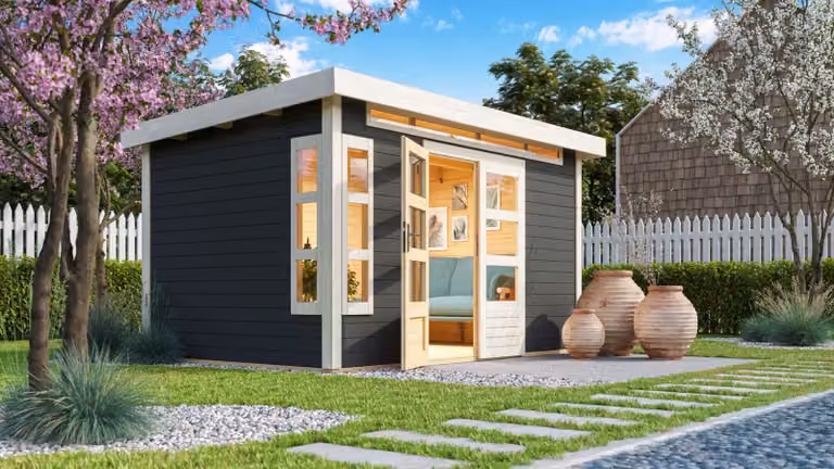 Casetta da giardino in legno Karibu "Kastorf 7" grigio terra 3,6 x 2,4 m (L x P) senza tetto apribile