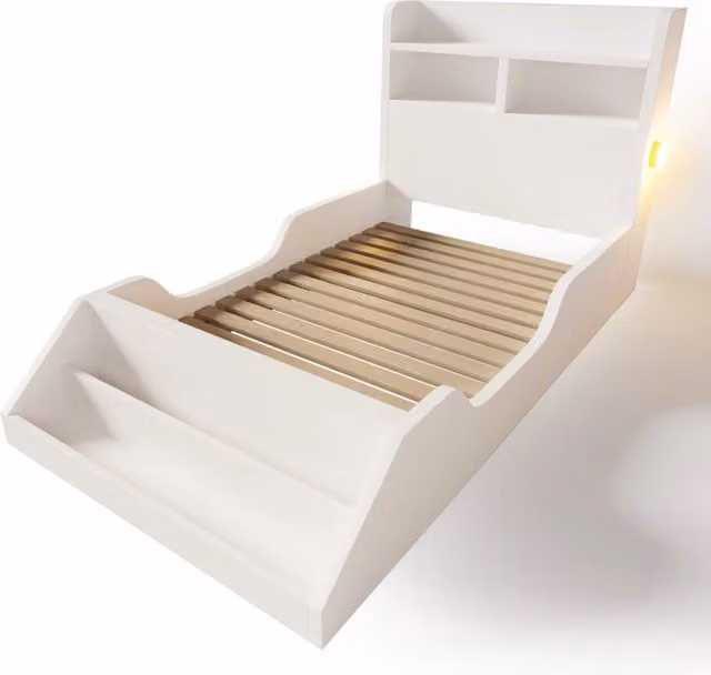 Letto singolo in legno 90x200 cm con luci notturne, mensole e libreria rimovibile, struttura bianca con rete a doghe, senza materasso