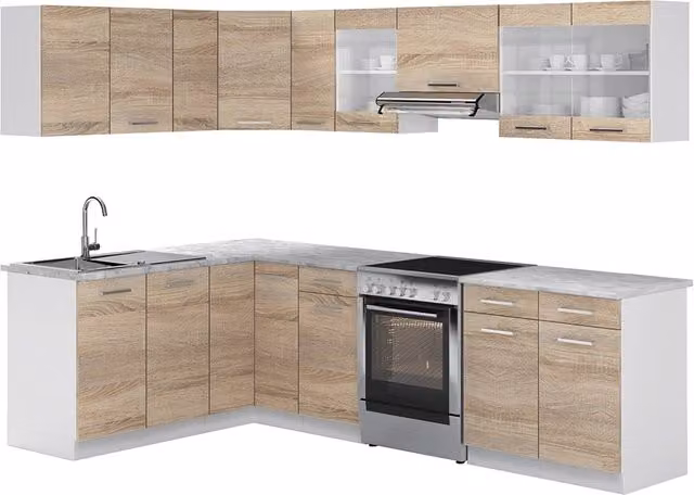 Cucina ad angolo moderna Vicco in legno con ante e cassetti, finitura opaca, colori bianco beige e grigio, L/P/H: 267 x 167 x 81,6 cm
