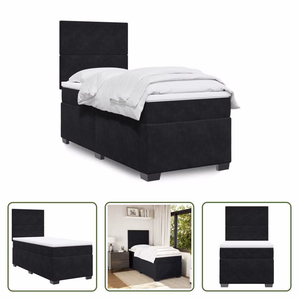 The Living Store Letto a molle con materasso nero 80x200 cm in velluto