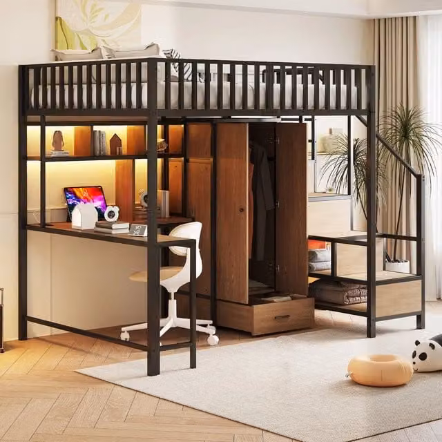 Letto a castello in metallo - Zephmum- 140x200 cm- Nero- Con scrivania, libreria, armadio e cassetti