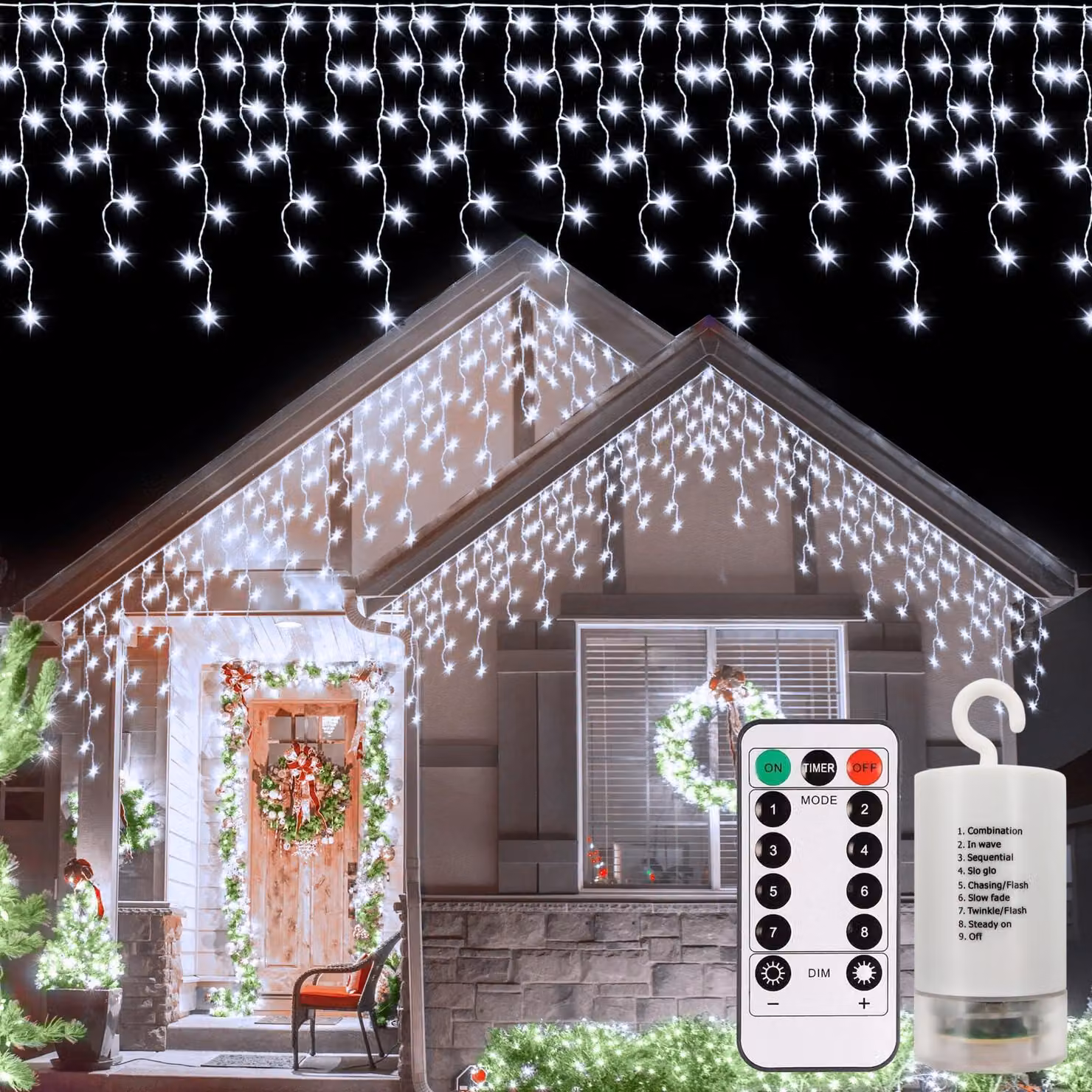 Catena luminosa a LED con effetto "pioggia di ghiaccio", lunghezza 6 metri, 300 LED bianchi freddi, alimentazione a batteria, grado di protezione IP54