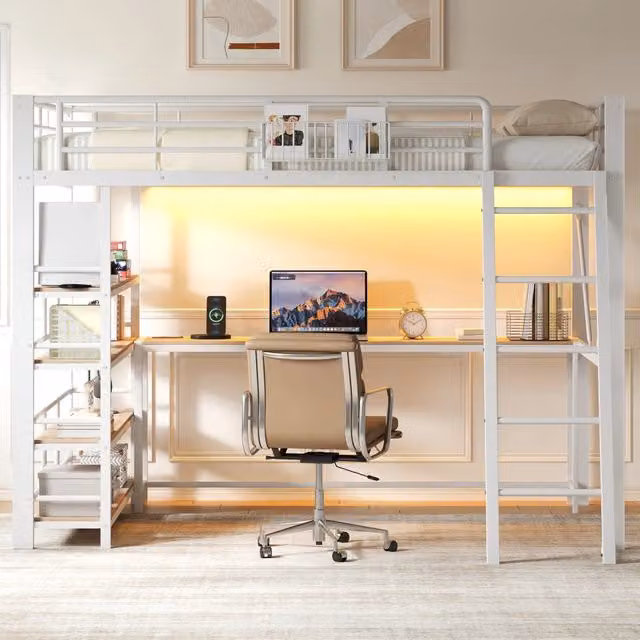 Letto a soppalco in metallo 140x200 cm bianco con scrivania; LED e vani contenitori
