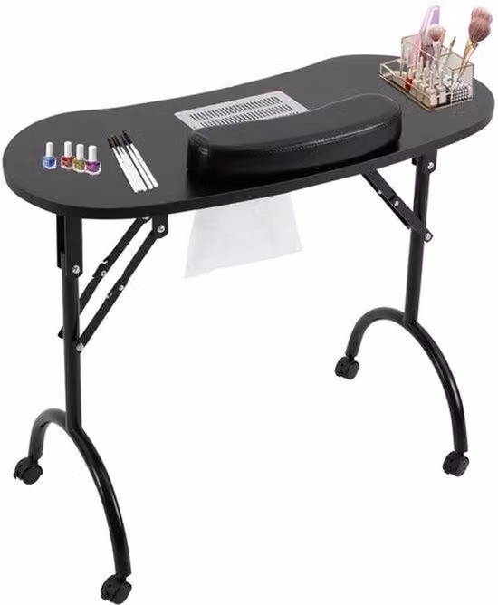 Tavolo per manicure, portatile e pieghevole, con aspirapolvere e poggiapolsi, colore nero