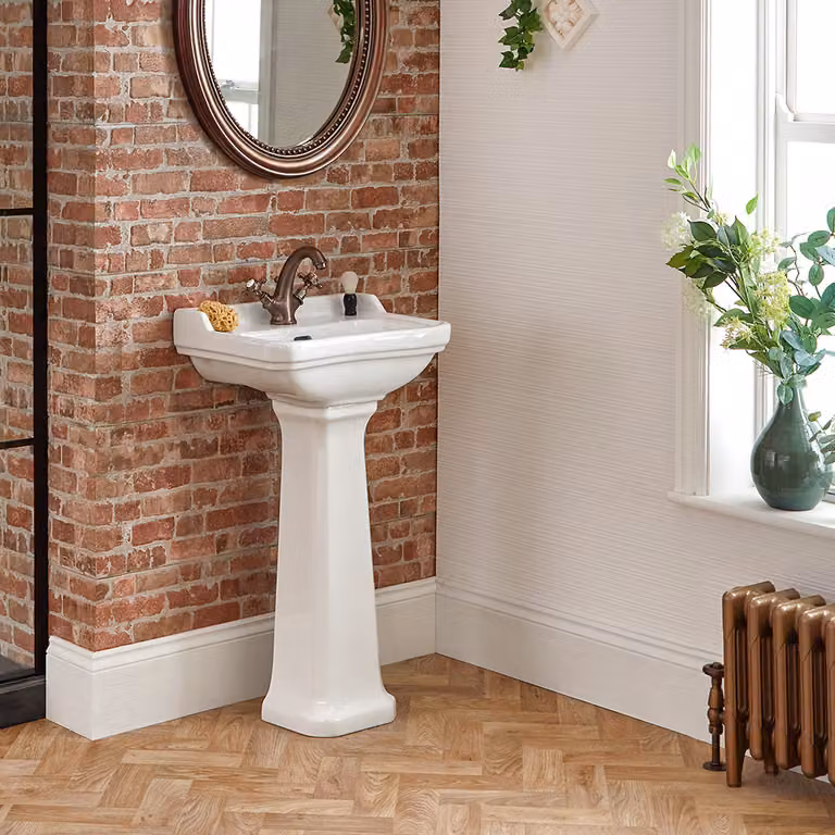 Lavabo Bagno con Colonna Rettangolare Bianco 855x500mm - Design Classico - Facile installazione - Richmond