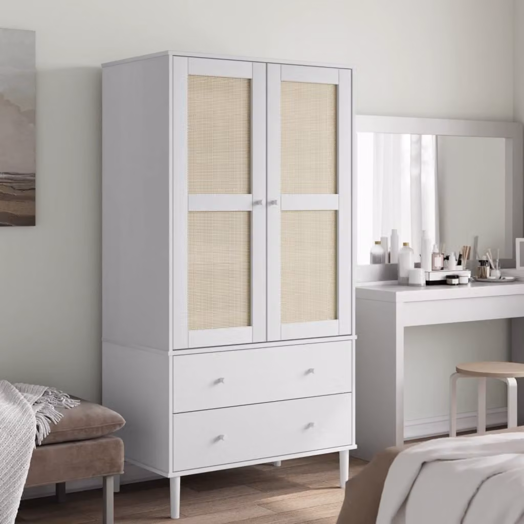 Armadio vidaXL SENJA in legno di pino massello con finitura rattan e colore bianco, L: 90 cm, P: 55 cm, H: 175 cm