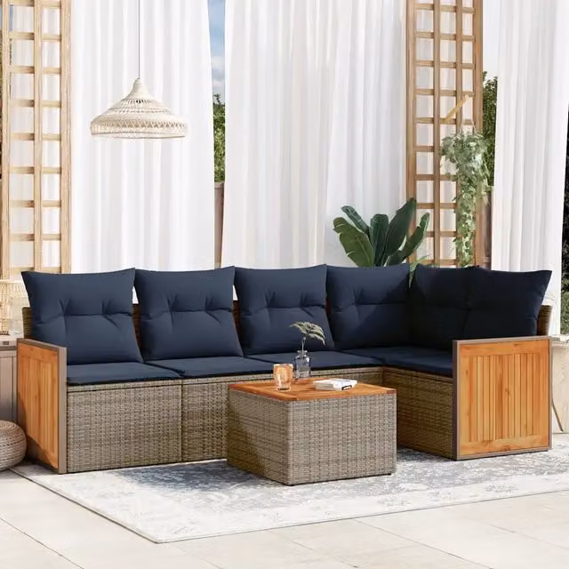 Set da giardino vidaXL in polyrattan grigio con cuscini e tavolino da esterno a forma di L per 6 persone