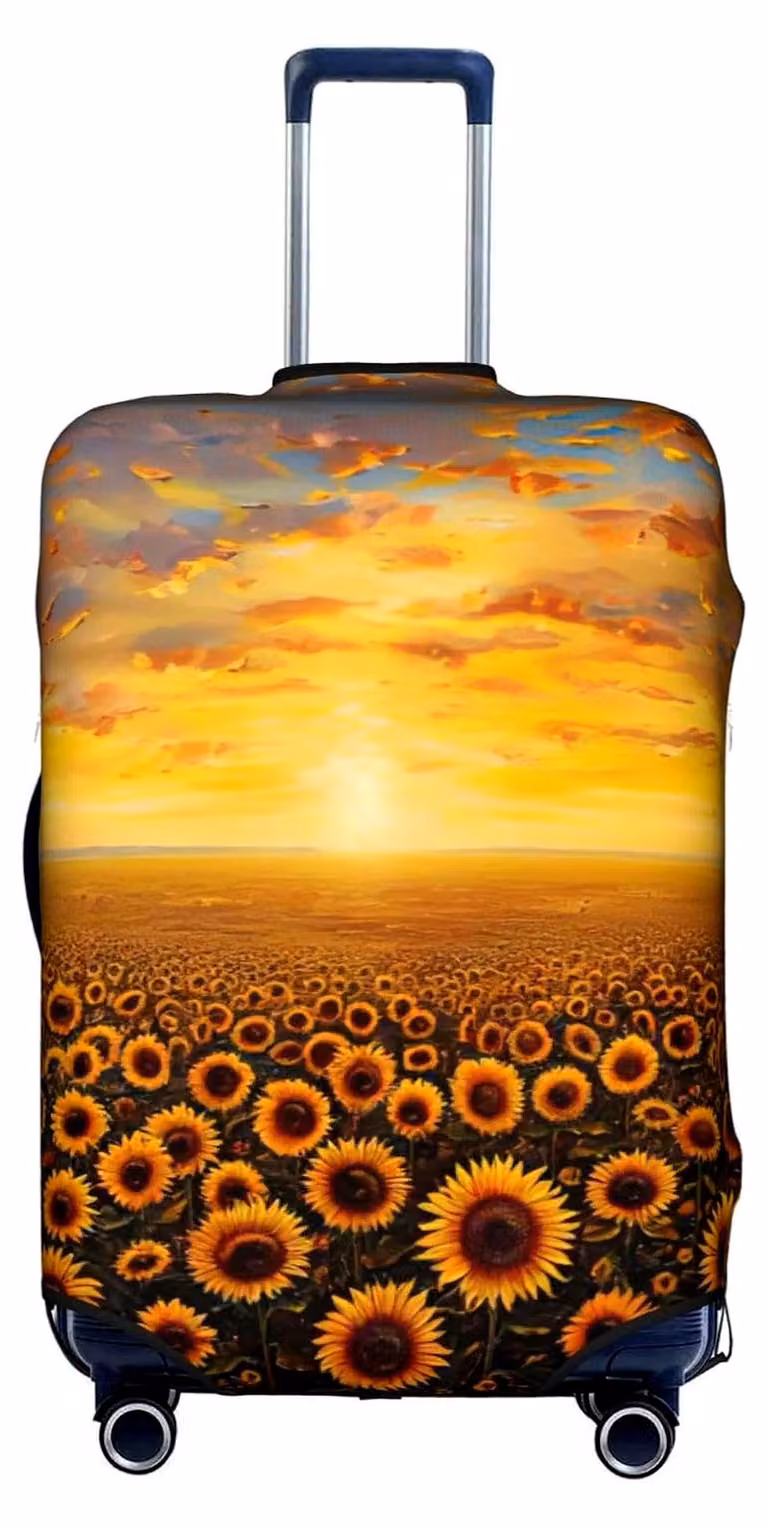 Copertura per bagagli con motivo di girasoli e tramonto, elastica e lavabile, custodia da viaggio, colore bianco/verde, taglia S
