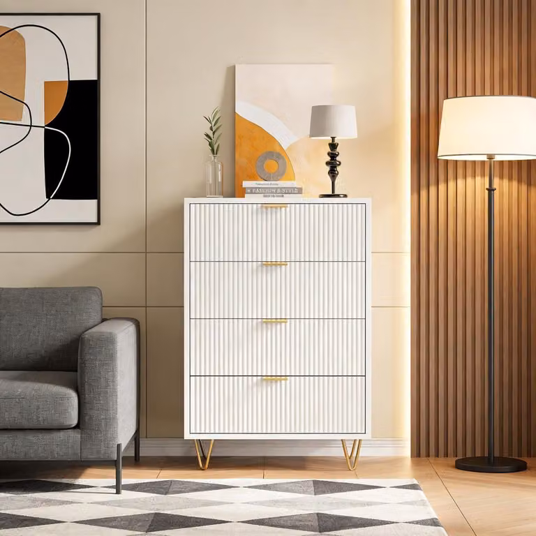 Comodino con 4 cassetti, bianco, 60 x 34 x 91 cm