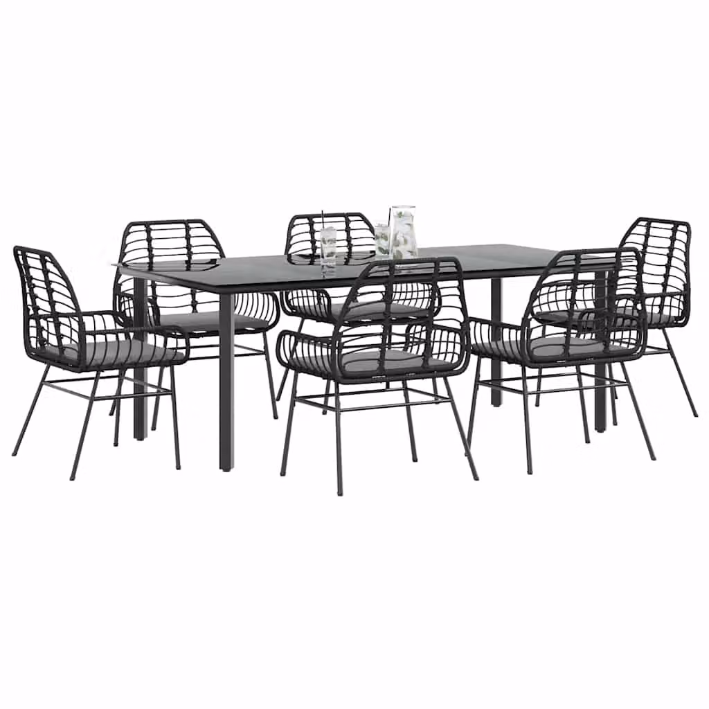 Set da giardino vidaXL in 7 pezzi in polyrattan e vetro nero e grigio con design moderno