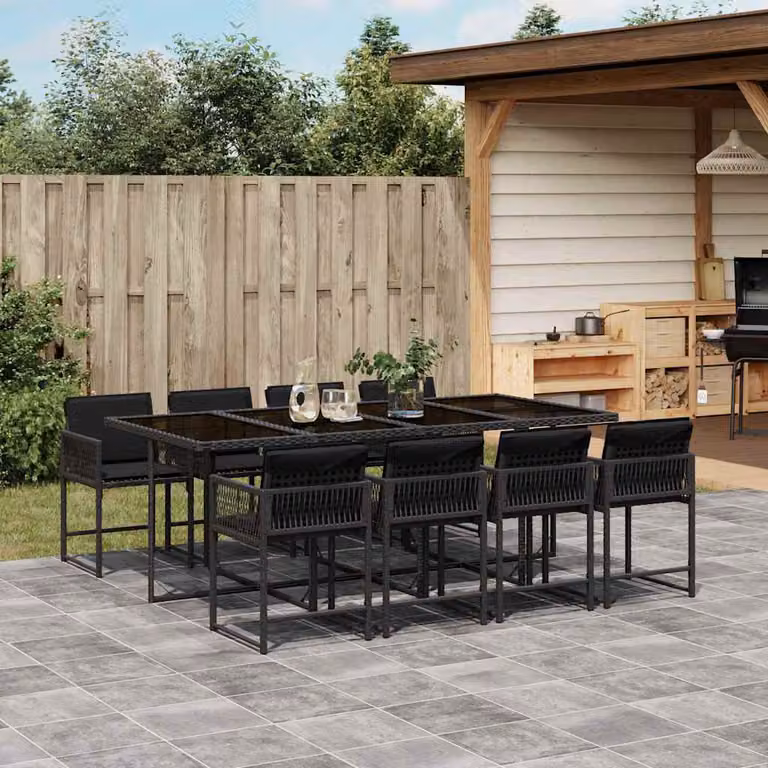 Set da pranzo da giardino vidaXL in polyrattan nero con cuscini e tavolo in vetro, 9 pezzi