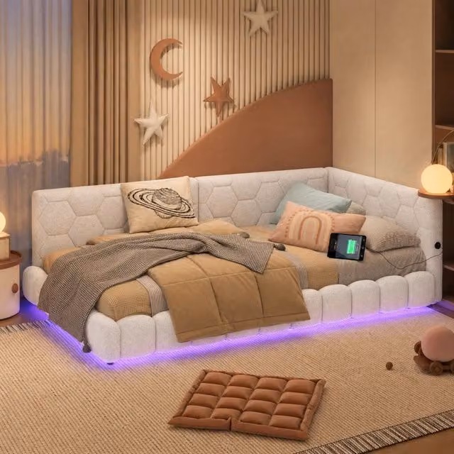 Letto singolo Mivray moderno in MDF bianco con rete a doghe, illuminazione LED sottostante e porte di ricarica USB e Type-C, L/P/H: 90 x 200 cm