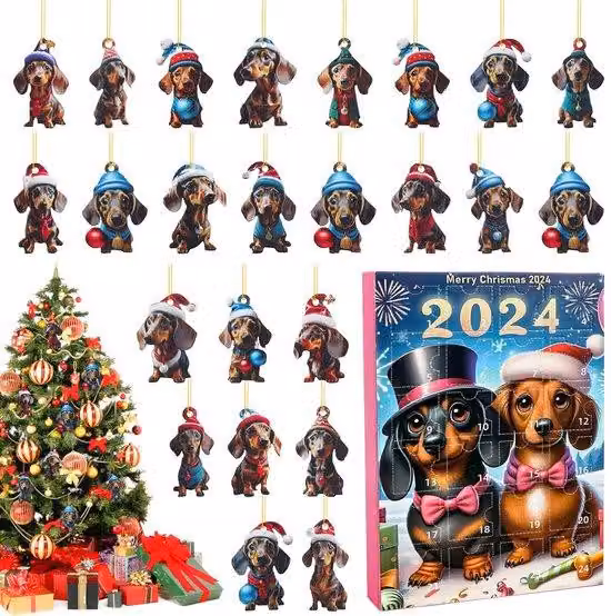 Decorazioni natalizie, calendario dell'Avvento 2024 - 24 giorni, pupazzo a forma di cucciolo - 2D, gancio in acrilico - Ideale per bambini - Facile da usare