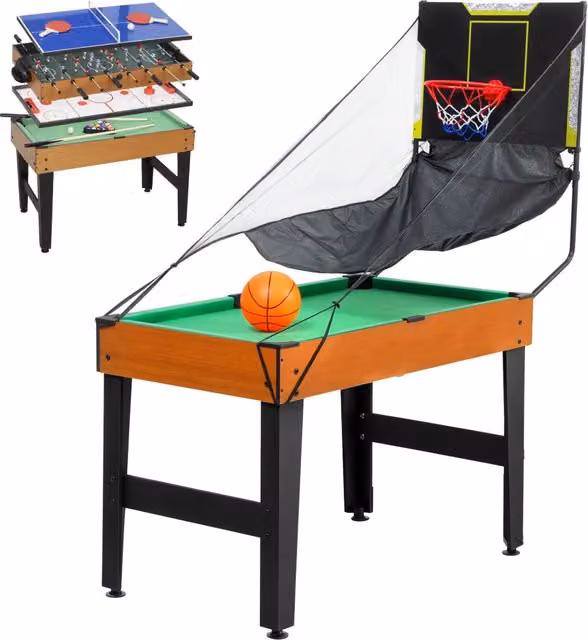 Tavolo Multigioco 5 in 1 Minimal in Legno e MDF, Colore Nero e Marrone, L: 134 cm, P: 108 cm, H: 144 cm