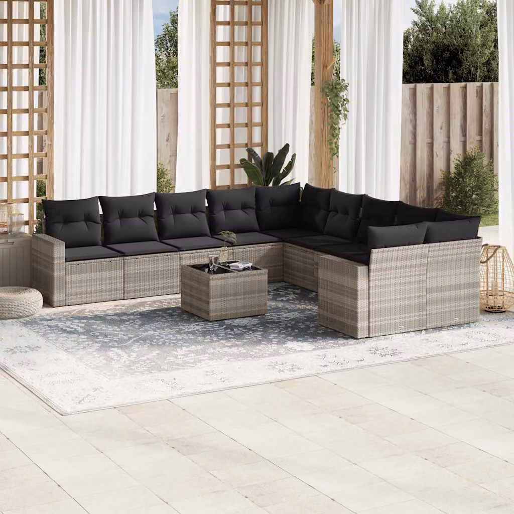 Set di divani da giardino vidaXL 11 pz in polyrattan grigio con cuscini e tavolino da esterno – 1