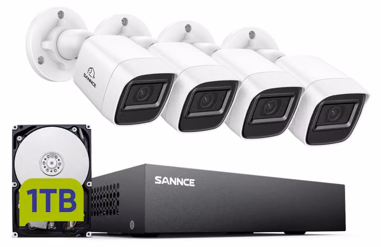 Kit di telecamere di sicurezza composto da 4 telecamere bullet bianche - Qualità video HD 1080p - Capacità di archiviazione di 1 TB