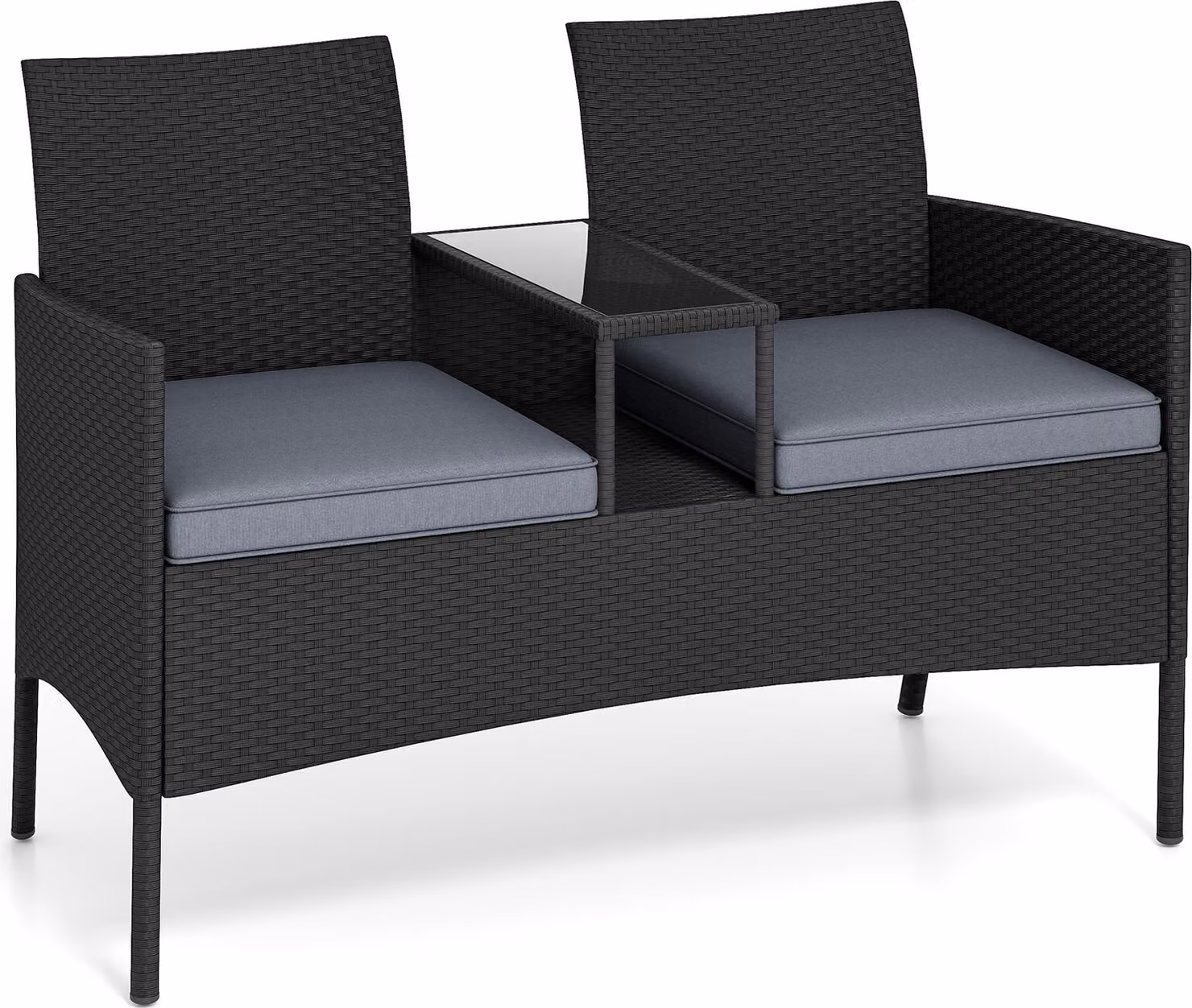 Panca da giardino con tavolo COSTWAY, panca a 2 posti in polyrattan, gruppo di sedute, mobili da giardino, mobili da patio, mobili da balcone resistenti alle intemperie grigio