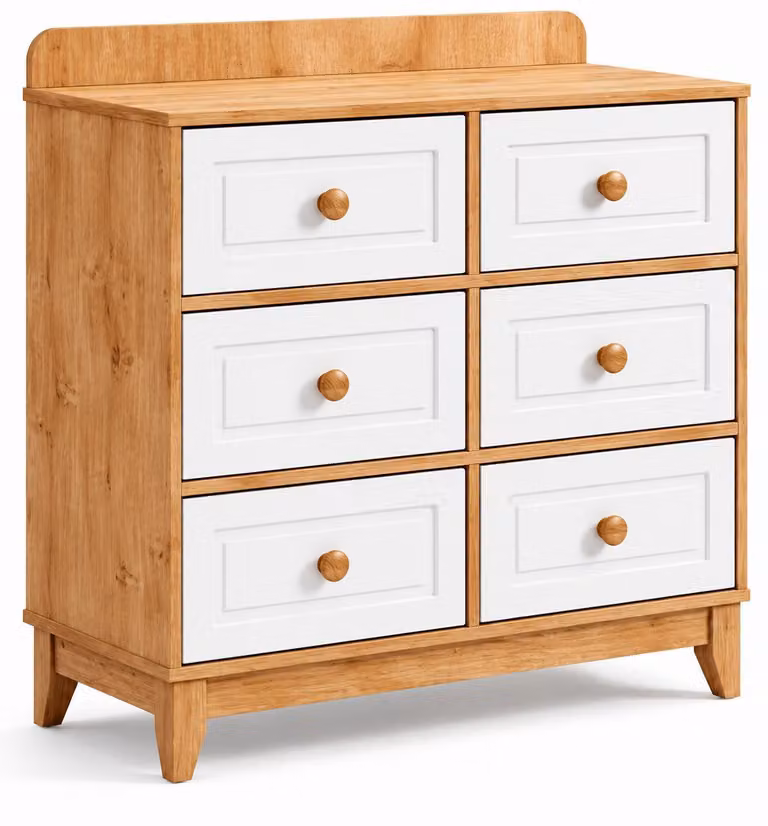 Comò moderno in stile rustico, con sei cassetti e finitura in legno chiaro