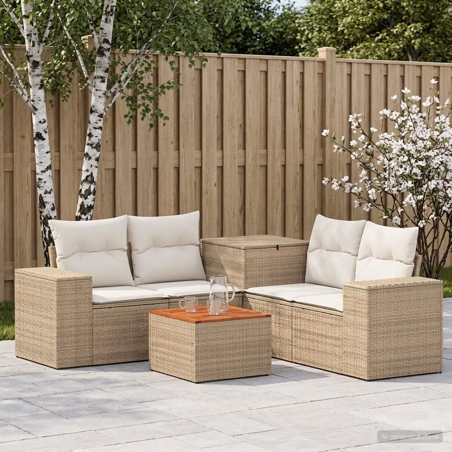 Set di divani da giardino vidaXL in polyrattan beige e bianco crema con elementi angolari, tavolino e pouf coordinato