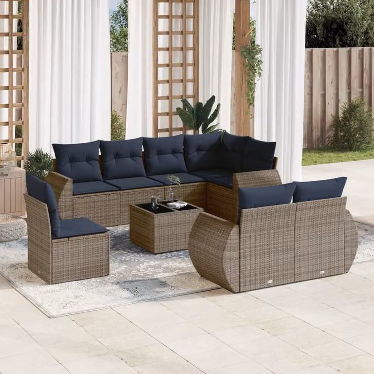Set di divani da giardino vidaXL in polyrattan grigio con cuscini e tavolino da esterno a forma di L