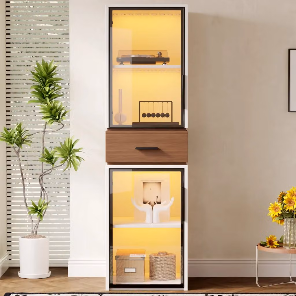 Vetrina moderna in MDF bianco con 2 ante in vetro, 1 cassetto e illuminazione LED integrata per soggiorno o studio, L/P/H: 40 x 15 x 200 cm – 2