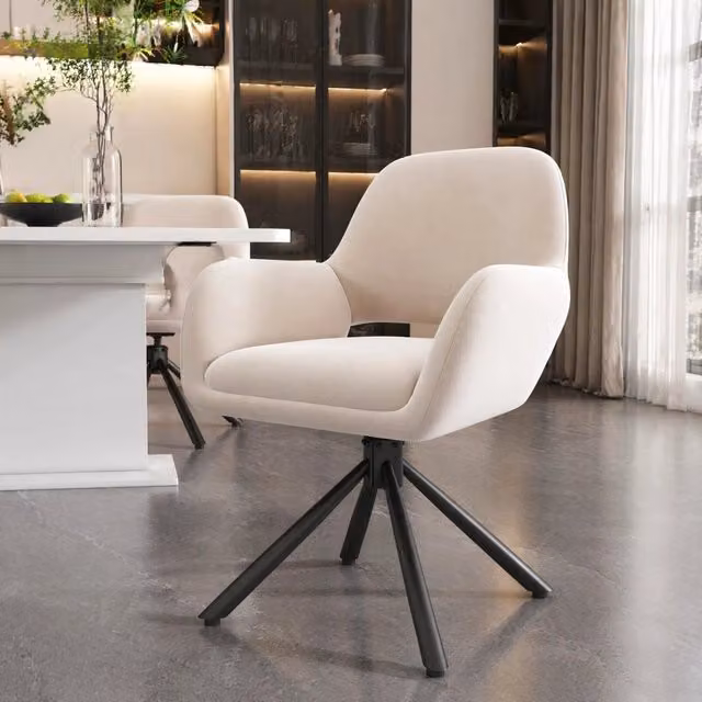 Set di 2 sedie da pranzo girevoli con braccioli in velluto beige e struttura in metallo