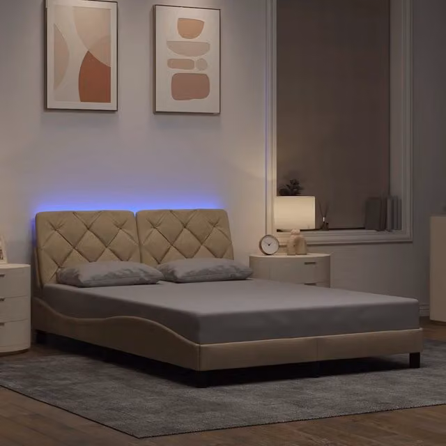Giroletto vidaXL in tessuto beige con illuminazione LED sottostante e porta USB, senza materasso, L/P/H: 200 x 140 x 30 cm
