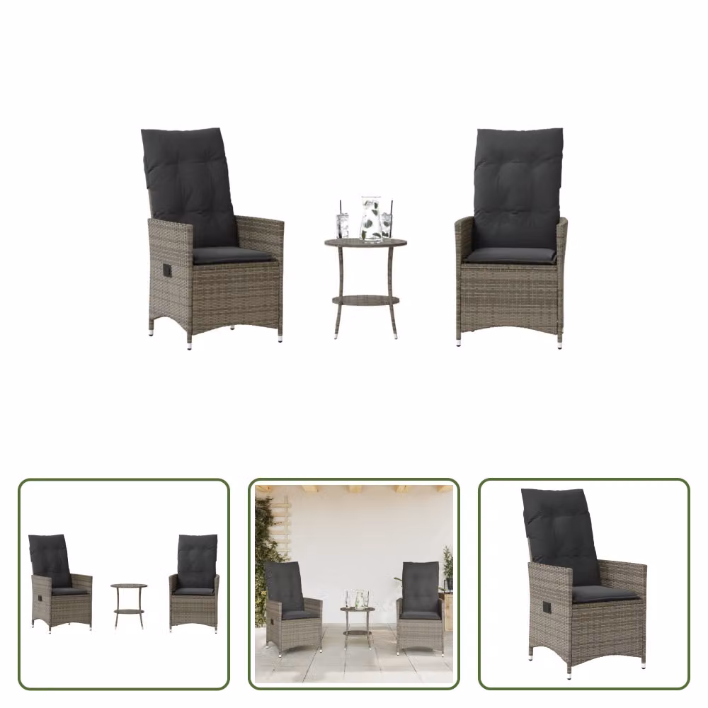The Living Store Set bistrot 3 pezzi con cuscini in poly rattan grigio