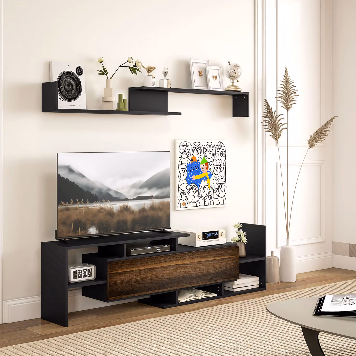 Mobile Porta TV Moderno HOMCOM con Mensola a Muro e Ripiani Aperti in Legno, Nero e Marrone – 2