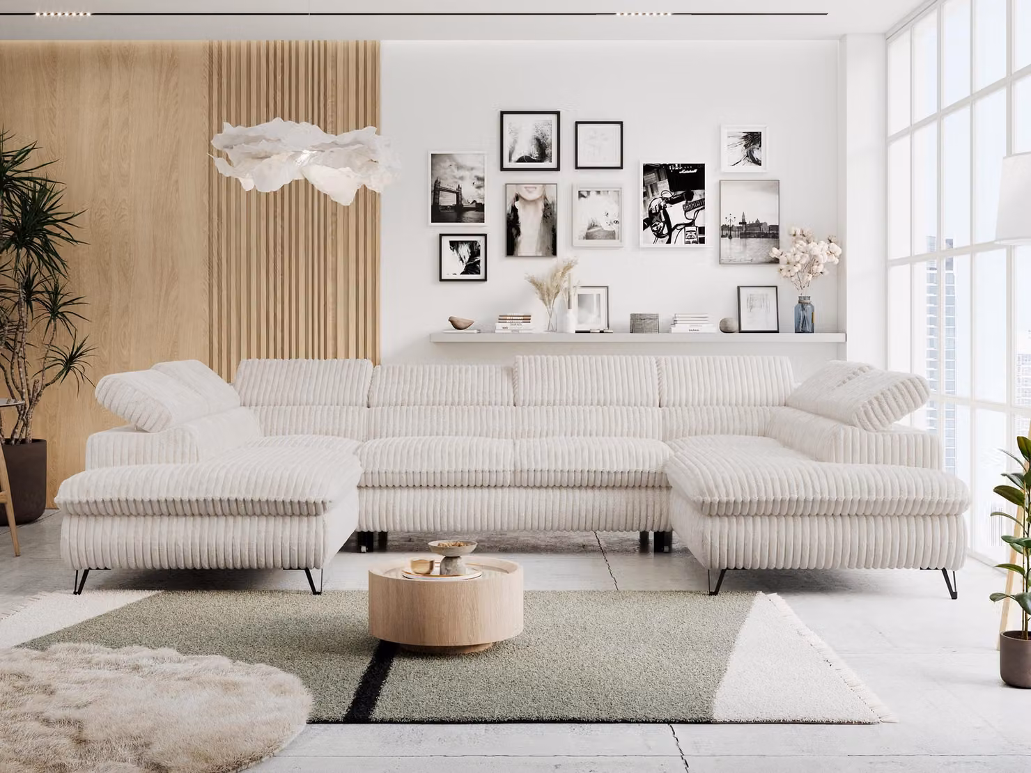 Divano ad angolo a U, funzione letto, contenitore, poggiatesta regolabili - PETER U - Velluto a coste - Beige