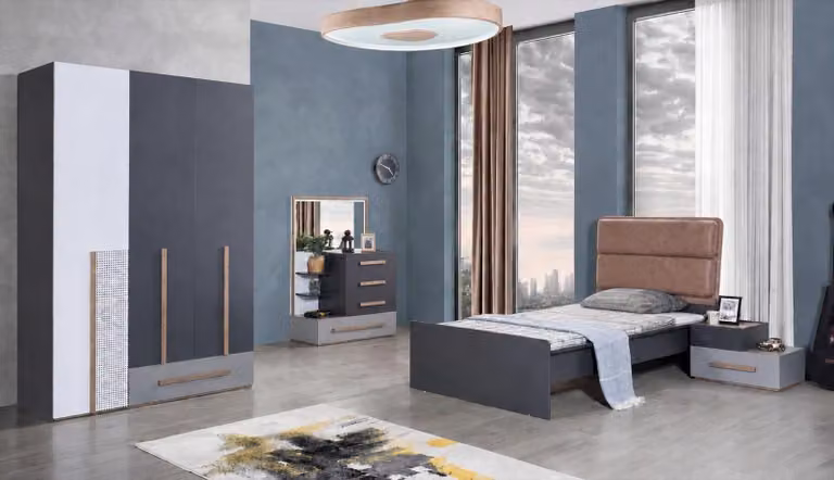 Letto singolo per bambini, grigio e marrone, in legno, con testiera imbottita, design moderno
