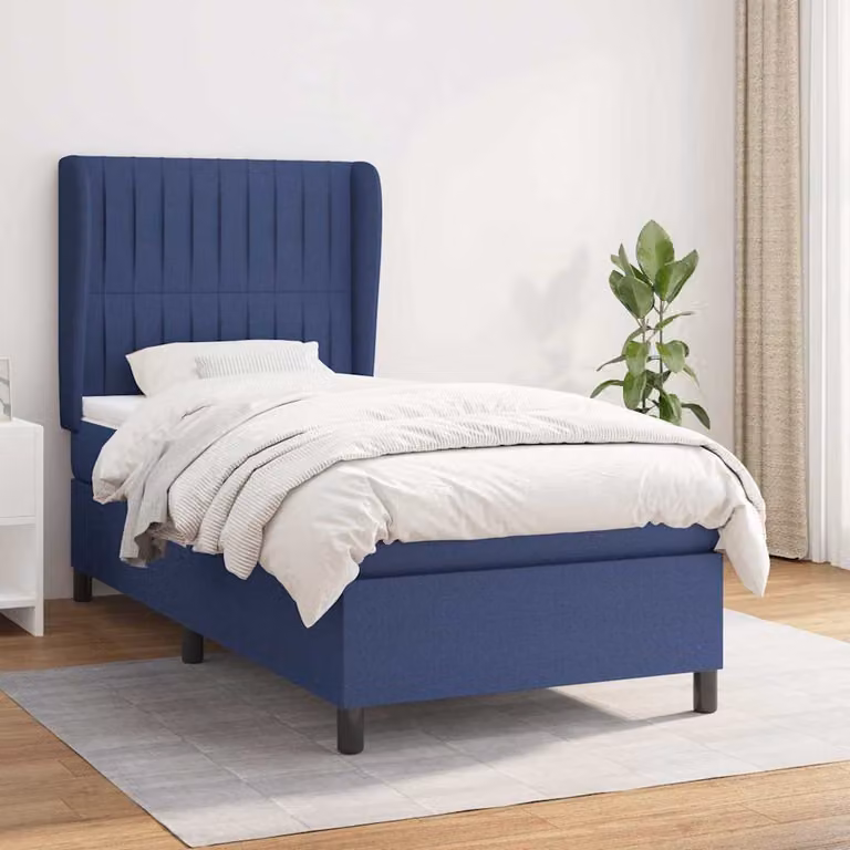 vidaXL Giroletto a Molle con Materasso Ibrido in Tessuto Blu e Bianco L/P/H: 190 x 90 x 128 cm