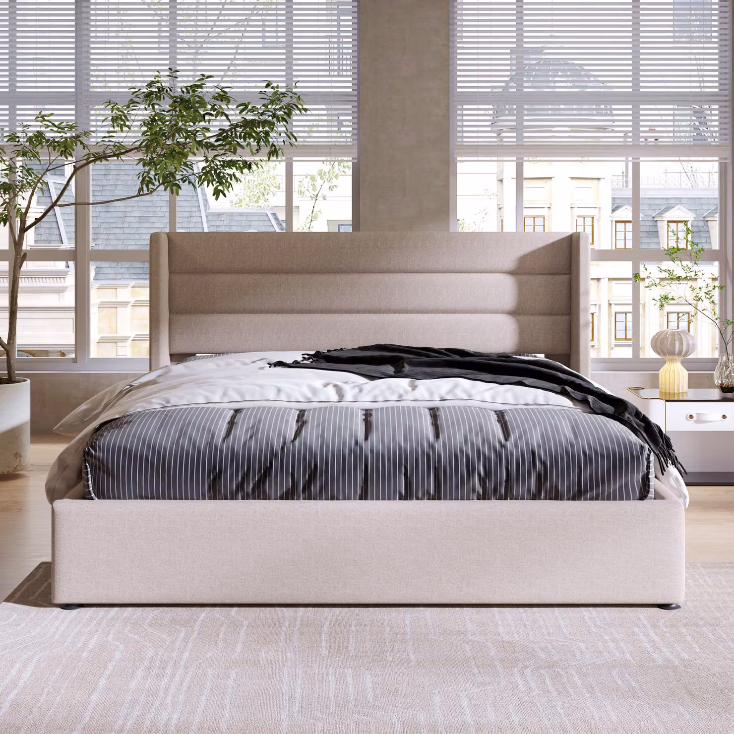 letto imbottito okwish letto matrimoniale imbottito idraulico 180x200cm, rete a doghe in legno, letto con rete a doghe in metallo, biancheria da letto, beige
