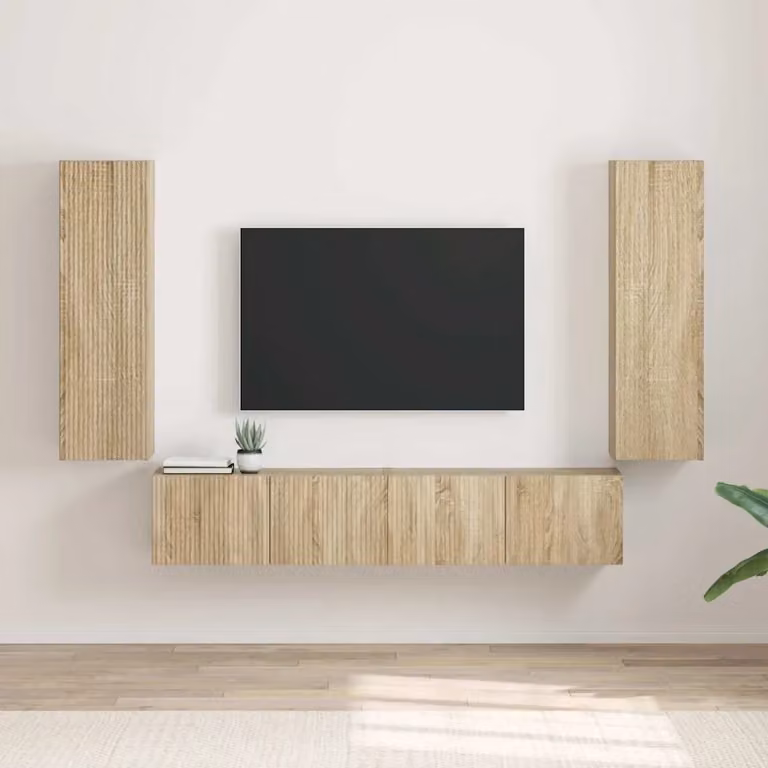 Set di 2 mobili TV da parete moderni in legno color beige e marrone, L/P/H: 100 x 31 x 30 cm