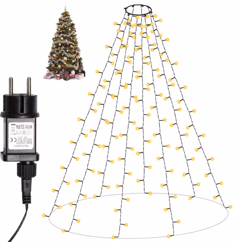 Catena luminosa per albero di Natale, 2 metri, 280 LED, 8 fili, luce bianco caldo, grado di protezione IP44