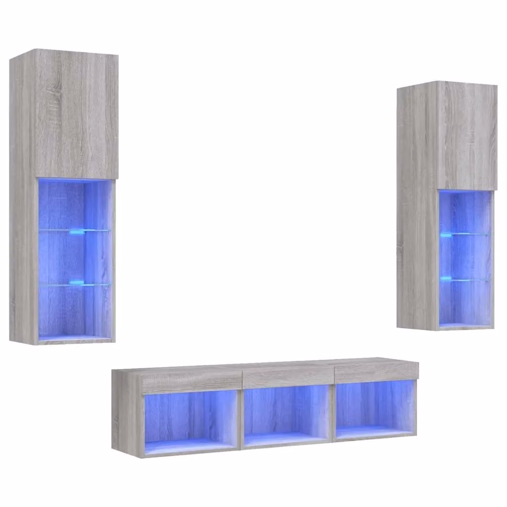 Mobile TV a muro vidaXL con illuminazione LED integrata, 5 pezzi, Grigio, in Legno Multistrato, L/P/H: 40 x 30 x 30 cm – 2