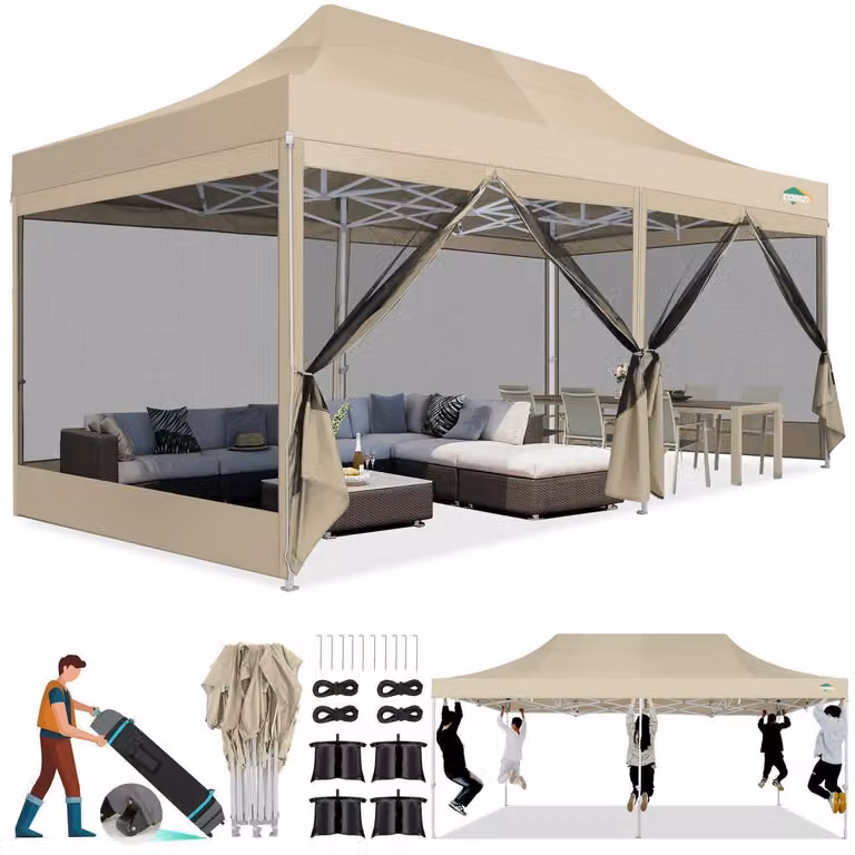 Tenda da campeggio 3x6 metri con zanzariera, impermeabile, protezione UV 50+, 6 pareti laterali, colore kaki