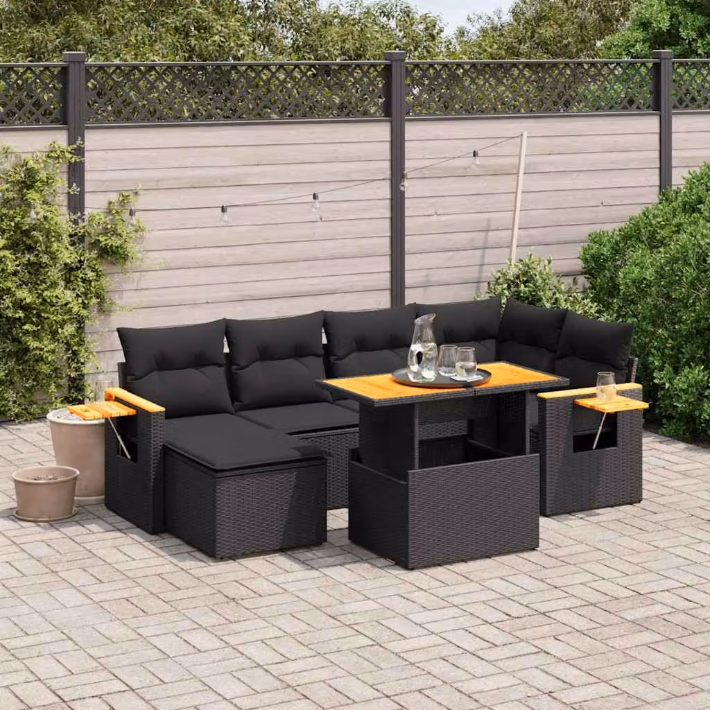 vidaXL Set Divani da Giardino a L con Cuscini 7pz Nero in Polyrattan e Legno di Acacia – 1