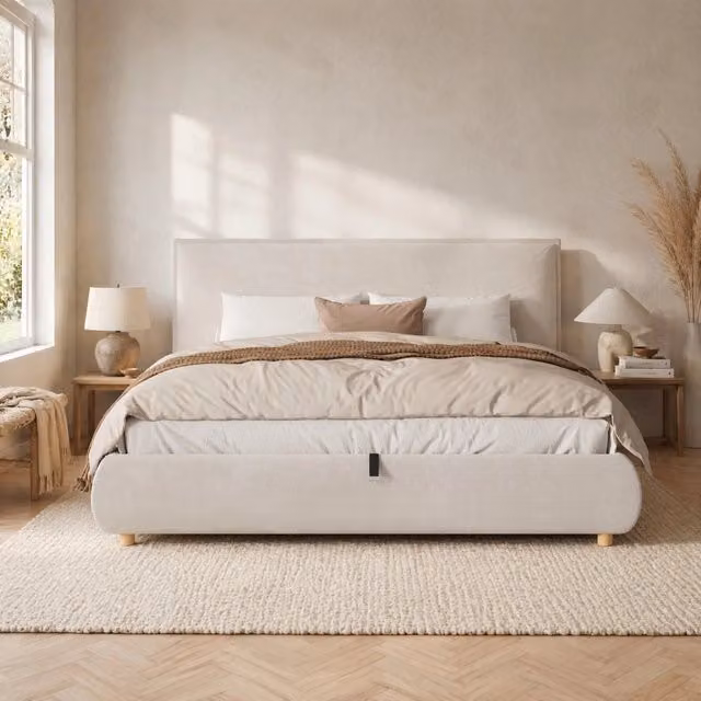 Letto matrimoniale 180x200 cm con contenitore idraulico; in velluto crema; con rete a doghe