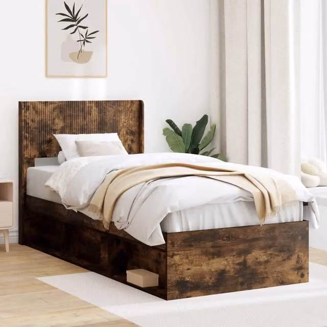 Letto con contenitore e testata vidaXL in legno Rovere Fumo L: 140 cm, P: 100 cm, H: 105 cm, 203 cm