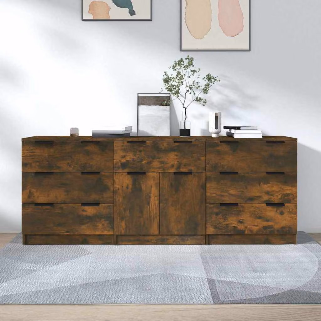 Set di 3 credenze vidaXL in legno multistrato e MDF, colore rovere fumo, design minimalista per la tua sala da pranzo – 1