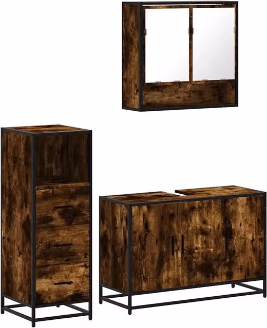 Set Mobili da Bagno | Armadio da bagno 3 pz Rovere Fumo in Legno Multistrato