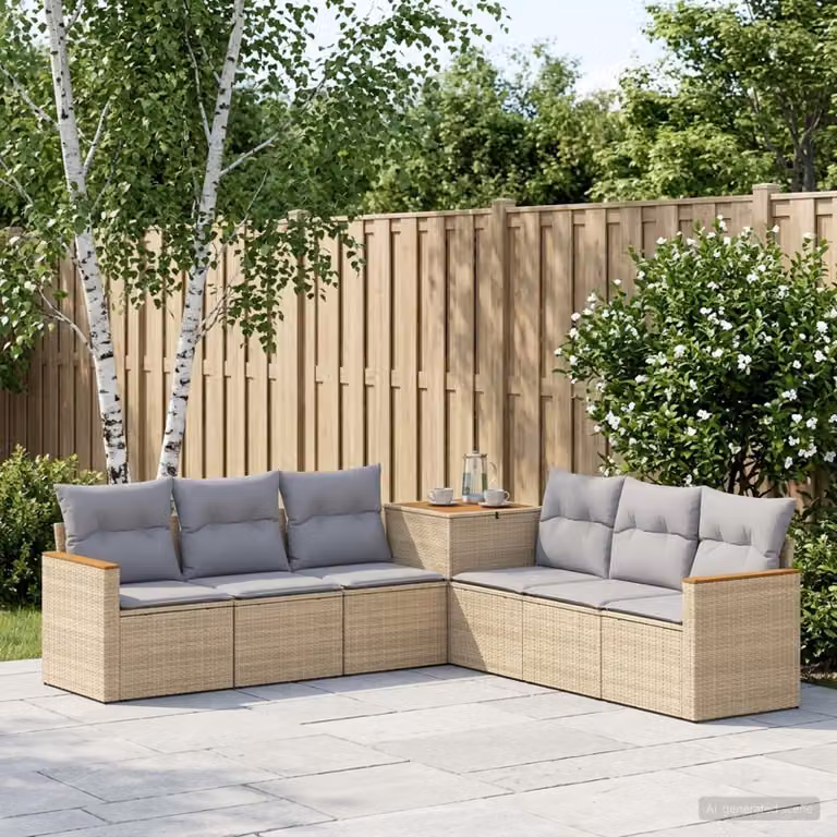 Set di divani da giardino vidaXL in polyrattan con forma a L, 7 pezzi, Beige e Grigio Chiaro
