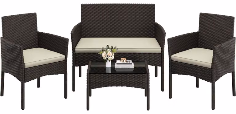 Set da giardino Polyrattan - Divano a due posti e 2 poltrone - 4 pezzi - Marrone e beige - Per giardino, balcone e terrazzo