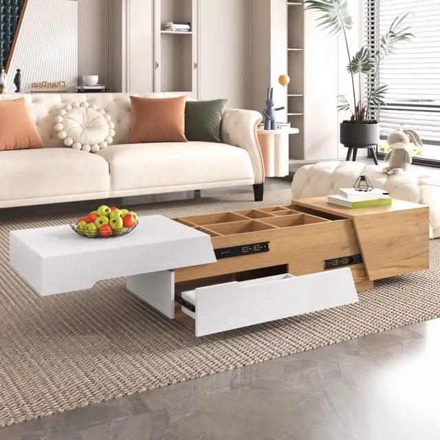 Tavolino da divano con piano scorrevole e cassetti in MDF bianco e legno 120 × 50 × 37.5 cm