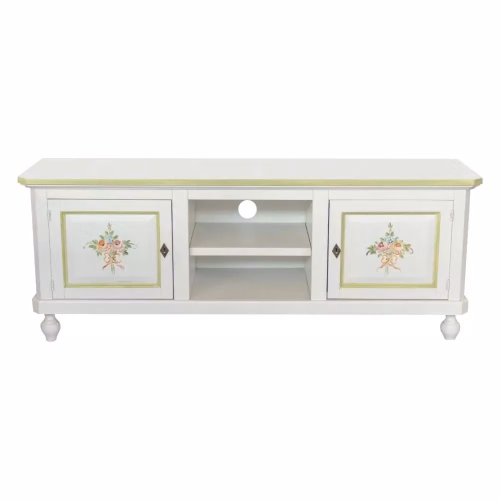 Porta TV in legno shabby chic bianco con decoro floreale verde Mobili 2G L: 150 cm, P: 43 cm, H: 56 cm