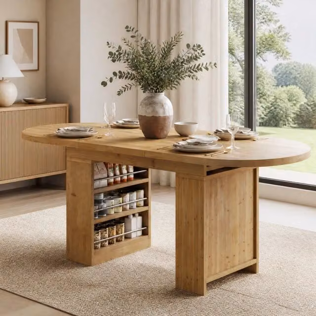 Tavolo da pranzo allungabile 150/200x90 cm con ripiani aperti in MDF color rovere